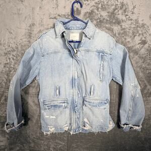 Zara Womens Jean Denim Jacket XS Light Wash Blue Distressed Belted Utility NWT